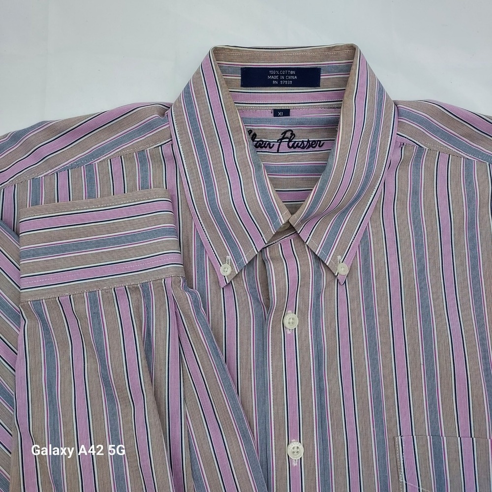 Alan Flusser Mens XL Button Down Shirt Pink Blue Tan Striped Cotton Long Sleeve